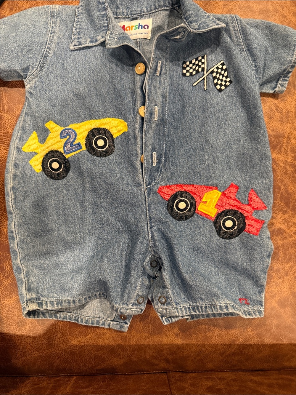 Kids Denim Romper with Red & Yellow Race Car Patches